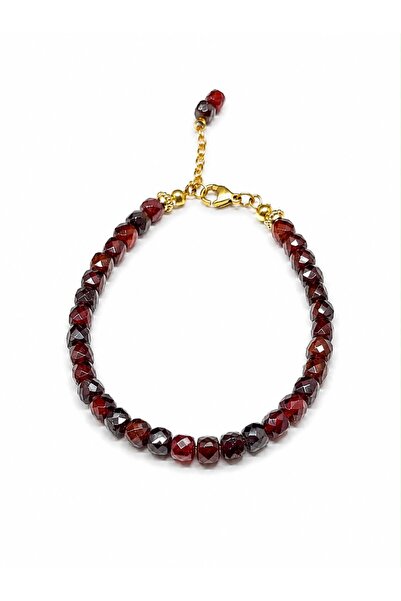 Agatella Tasarım Natural Garnet Stone Steel Bracelet Cube Cut Gold Color Adju...