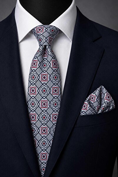 Kravatkolik Light Blue Motif Pattern Classic Tie with Handkerchief Kk13767