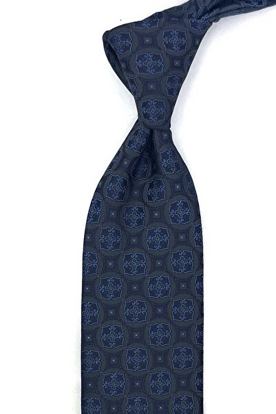 Kravatkolik Smoked Blue Motif Pattern Classic Tie with Handkerchief Kk13760