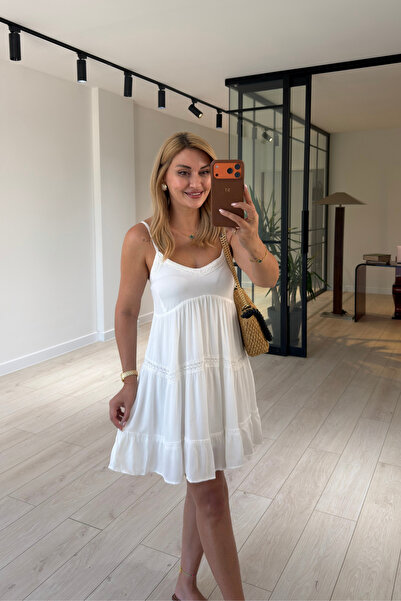 Sezgi Tekin Lace Detail Ecru Strap Dress