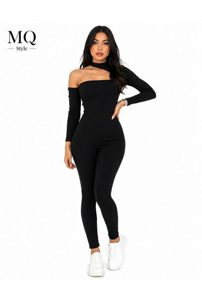MQ Halter Neck Off-Shoulder Skinny Jumpsuit (in Black)