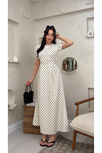 miraylawear MARY BEYAZ RENKLİ PUANTİYELİ KADIN MAXİ ELBİSE