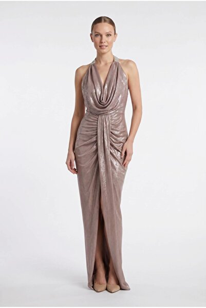 SpringStore Gold Halter Yaka Drapeli Abiye