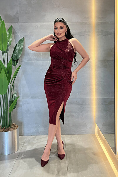 giyimmasalı Rochie creion din țesătură cu sclipici și detaliu elastic - ROȘU ...