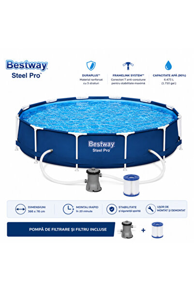 BESTWAY Piscină Steel Pro 366x76 cm cadru metalic, pompa de filtrare și cartu...