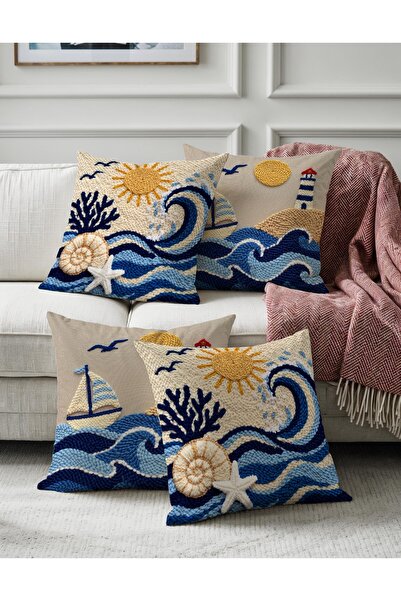Sakallı Summer Themed Blue Wave and Sun Patterned Blue 4-Piece Throw Pillow C...