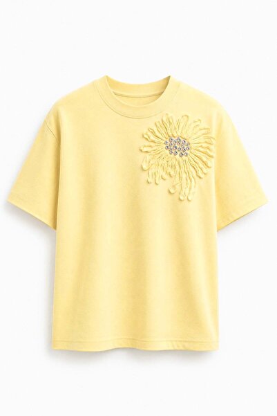 elif teke Sunflower Taşlı T-shirt Sarı