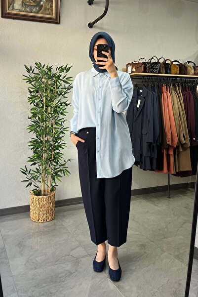 Tığ Triko Oversize Gömlek Mavi