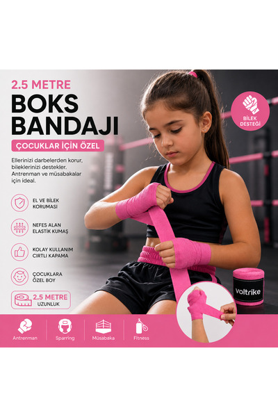 Voltrike Çocuk Boks-Kickbox-Muay Thai-Sanda El Bandajı Pembe 2.5 Metre