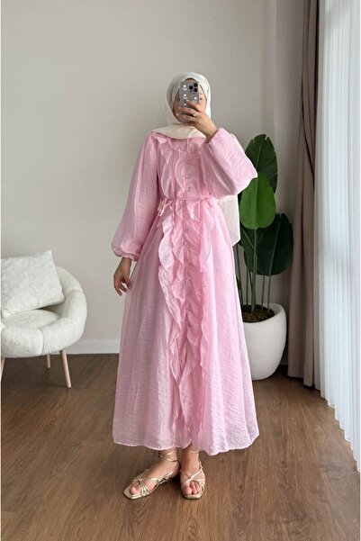 RFK Butik Kadın Bel Bağlamalı Fırfırlı Kumru Elbise - Pembe