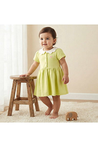 Juniors Scalloped Collar Short Sleeves A-line Dress with Heart Embroidery