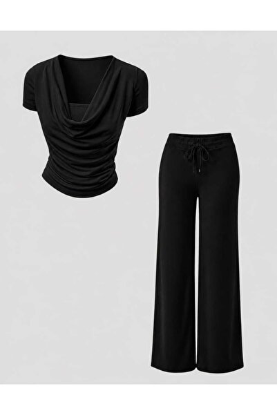 EVOA Women's Black Degaje Collar Draped Blouse and Wide-Legged Trousers Set