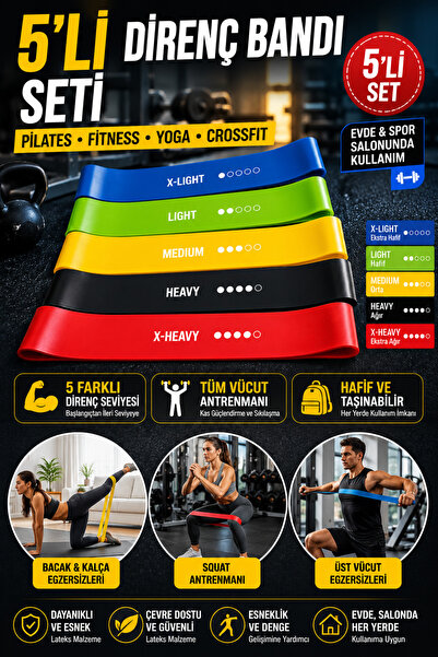 Hane Dostu 5'li Direnç Bandı Seti Pilates Fitness Yoga Egzersiz Lastiği Cross...