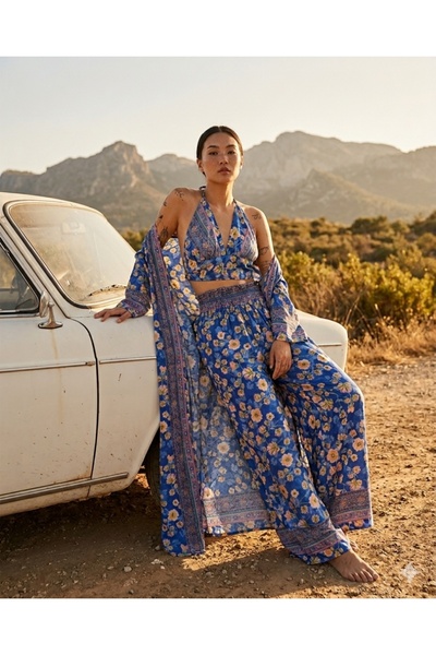 Enuverbi Altın Yaldız İşlemeli İpek Kimono Pantolon Seti - Uzun Kimono, Büsti...