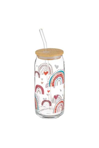 OEM Pahar din Sticlă Rainbow cu Capac Bambus și Pai, 600 ml