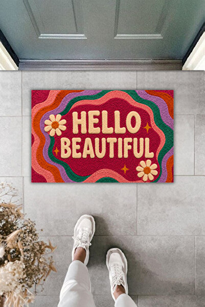 Dormot Home HELLO BEAUTIFUL Renkli Retro Tasarım Dekoratif Kapı Önü Paspası 7...