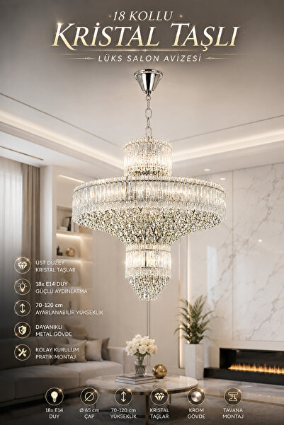 Elvora Home Modern (PREMİUM) Kristal Taşlı Ayarlanabilir Yükseklik Avize Lüks...