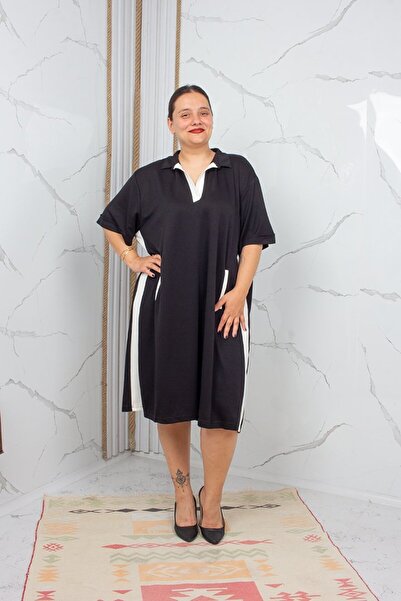 Truva XXL Plus Size Polo Neck Black Modal Cotton Combed Cotton Dress