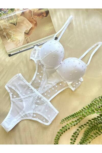 BLUEAVCI Kalp İşlemeli Destekli babydol– Beyaz bodysuit