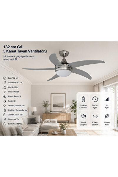 Altınkayaticaret 132 cm Gri 5 Kanatlı Tavan Vantilatörü Uzaktan Kumandalı Ses...