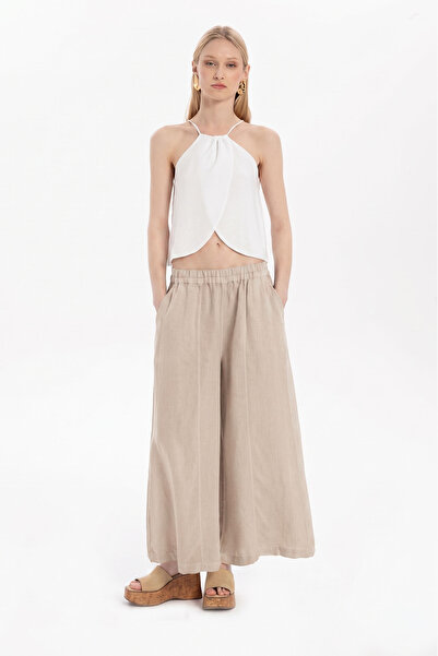 İpekçi Otantik Comfortable Fit Linen Wide Leg Trousers