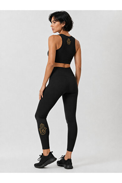 TWINTICKS Women's Black Hamsa Hand Printed High Waist Gathering Leggings Crop...