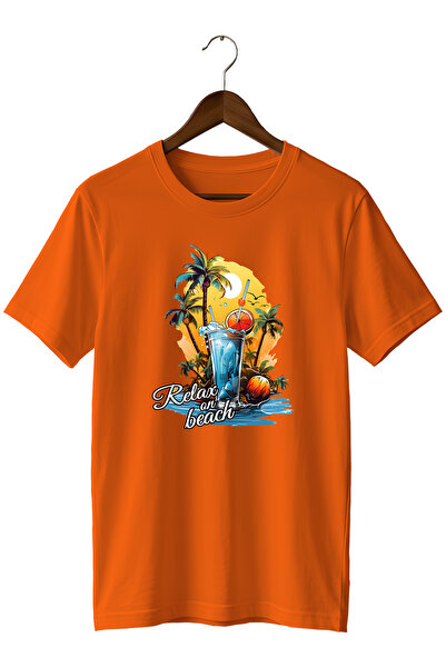 WİDİ Unisex Summer Themed Beach Printed Crew Neck Casual Cotton T-Shirt