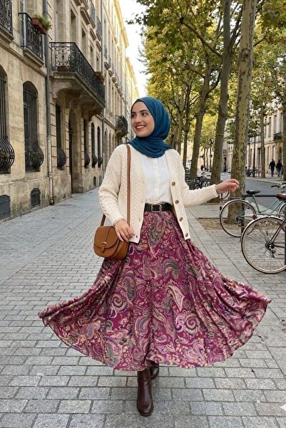 ZEROGAPRİSE Women's Belted Asymmetrical Ethnic Patterned Hijab Skirt
