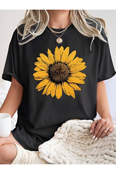 WOODROFFE Tricou supradimensionat cu imprimeu floarea-soarelui pentru femei, ...