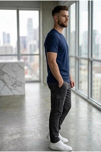 Siyah Slim Fit Dar Kesim %100 Pamuk Bisiklet Yaka Tişört