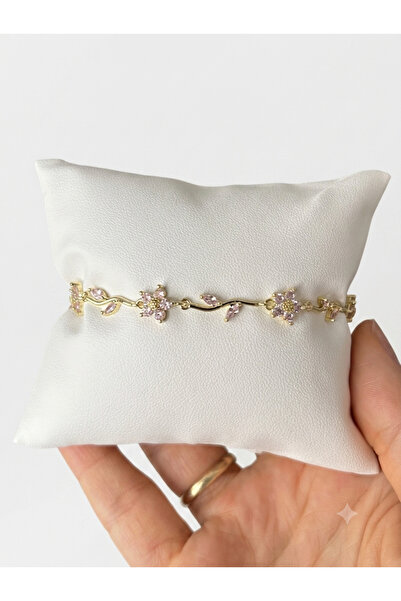 Rose and Light Pembe Zirkon Taşlı Çiçek Ve Yaprak Detaylı Elegant Kadın Bileklik