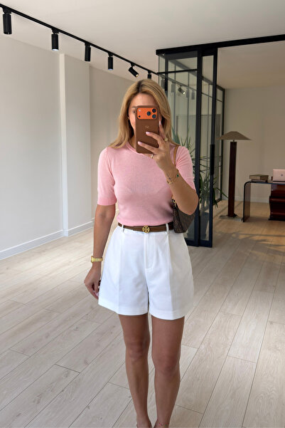 Sezgi Tekin Crew Neck Half Sleeve Thin Pink Knitwear Blouse