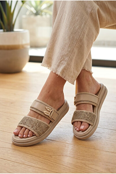 Suuet Redinya Women's Slippers with Double Straps and Buckle, Flat Sole, Leather