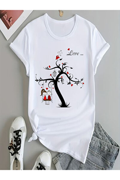 COZYWEAR Cute Lovers and Tree Printed White T-Shirt