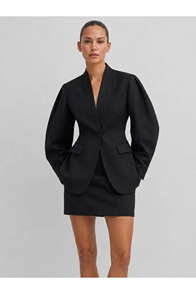RİVUS High Collar Balloon Sleeve Stylish Jacket with Pockets - Black
