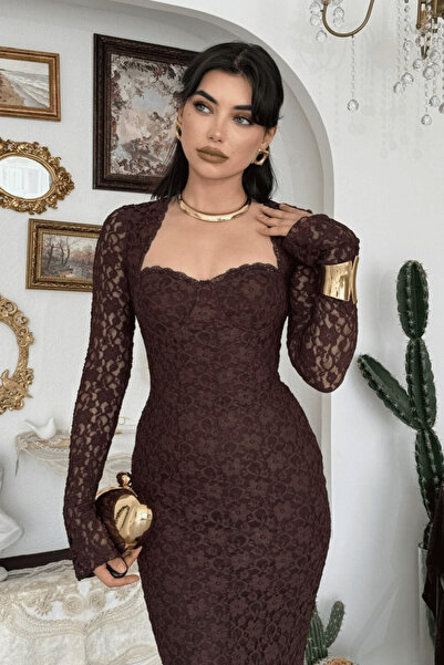 Clothes Fast Lace Detailed Long Evening Dress Square Neck Long Sleeve Bodycon...