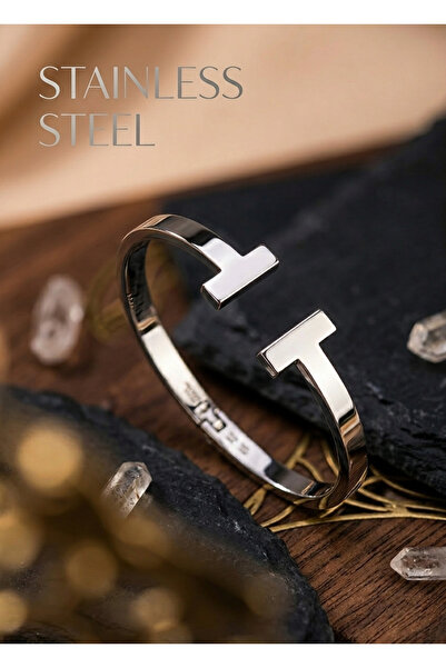 stainless steell Silver Color Two Strip Ends Steel Handcuff Bracelet