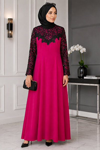 EruZan Women's Sequined Lace-Up Oversized Size Hijab Chiffon Evening Dress