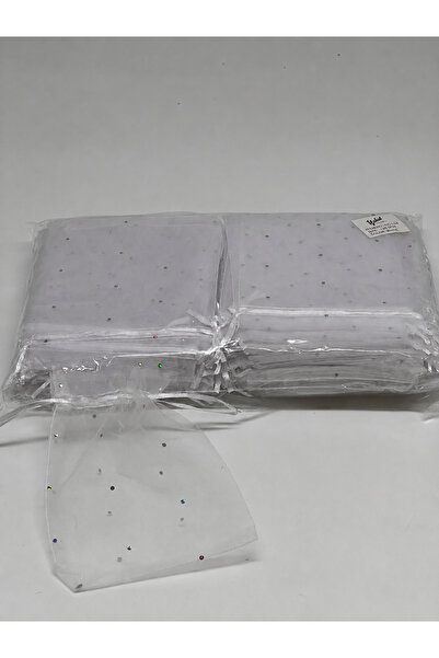 parıltı organizasyon Beyaz Tül Kese 12x15 cm Organze Pullu çerez Kesesi 10 Adet
