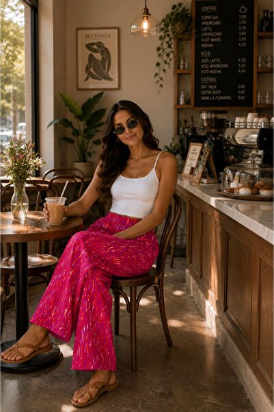 THEBEK Woven Viscose Trousers with Wide Legs and Patterned Design