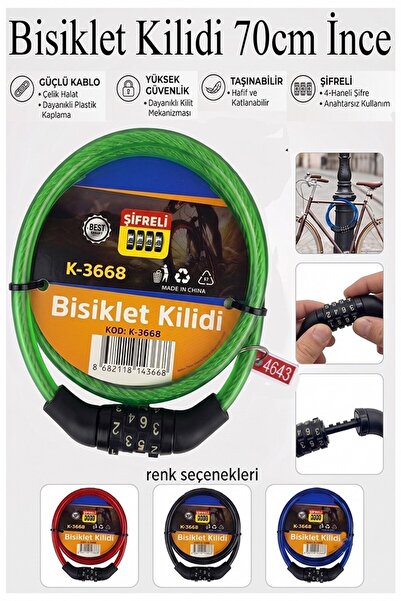 Artlantis Şifreli Bisiklet Kilidi 70 cm İnce 1 Adet K-3668 Çelik Halat Plasti...
