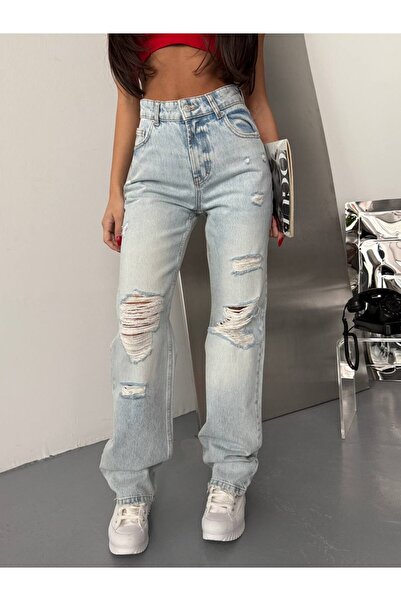 HerTon Ripped Detailed Straight Fit Jean Trousers High Waist Women's Trousers