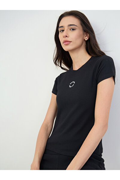 Styli Black Ribbed Round Neck Short Sleeve T-Shirt