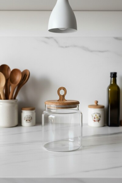 Luca Mia Nooden Acacia Lid Round Glass Jar
