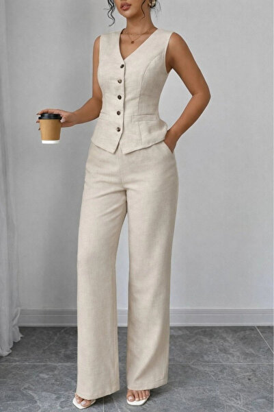 Generic Brand Women's Strappy Button-Front Blouse and Pants Linen Two-Piece Set