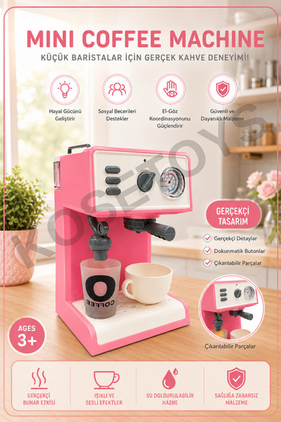 kosetoys Sesli Işıklı Buhar Atan Gerçek Su Hazneli ve Su Akıtan Oyuncak Kahve...