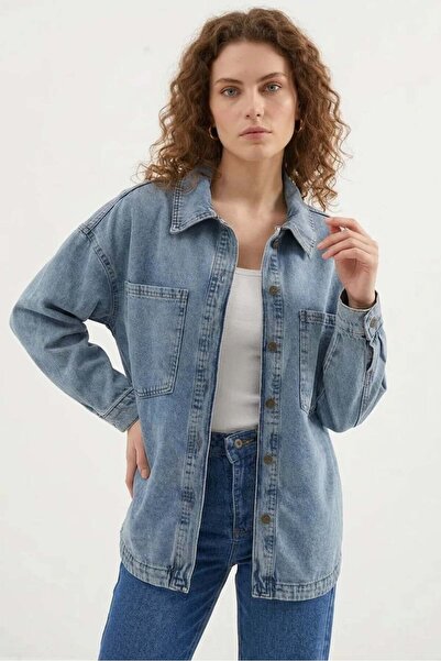 ALFA AKSESUAR 03 Women's Shirt Collar Double Pockets Oversize Cotton Ice Blue...