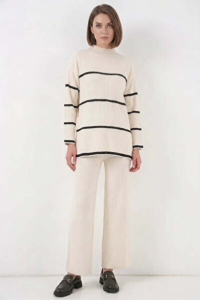ALFA AKSESUAR 03 Women's Turtleneck Oversize Striped Knitwear Ecru Two-Piece Set