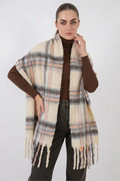 ALFA AKSESUAR 03 Women's Tasseled Checkered Patterned Knitwear Beige Scarf