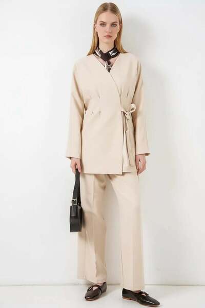 ALFA AKSESUAR 03 Women's V-Neck Side Tie Cream Double Set